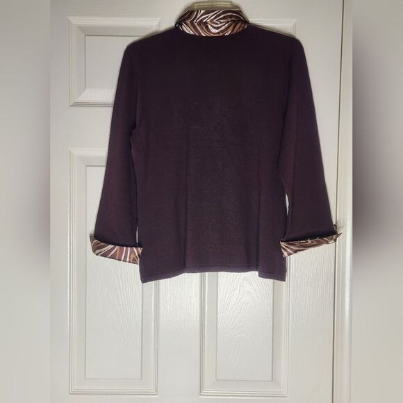 Willi Smith L Women's Brown Cardigan with Patterned Collar and Cuff SILK Blend - Picture 8 of 8